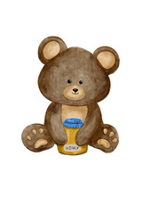 Cute cartoon brown bear character with honey, isolated illustration on transparent background.