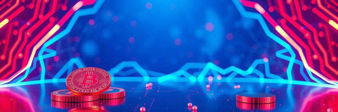 3D rendering of glowing red and blue bitcoin symbols on a futuristic light background, concept, futuristic, cryptocurrency