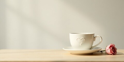 A Serene Morning Heart-Shaped Mug, Saucer, and Delicate Rose on Wooden Table
