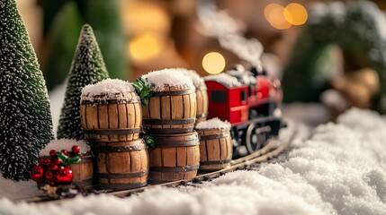 A stack of toy barrels decorated with snow and holly near a tiny train