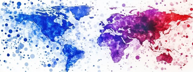 Fototapeta premium World map, colorful paint splatters, abstract art, vibrant watercolor, global continents, artistic cartography, splatter effect, blue and purple hues, dynamic composition, creative geography, fluid te