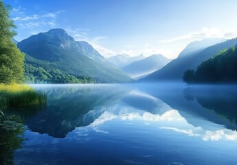 The calm lake reflects the mountains and mist in its waters, creating an enchanting scene of tranquility