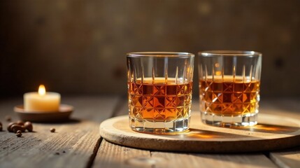 Two glasses of amber liquid on a wooden surface with a candle