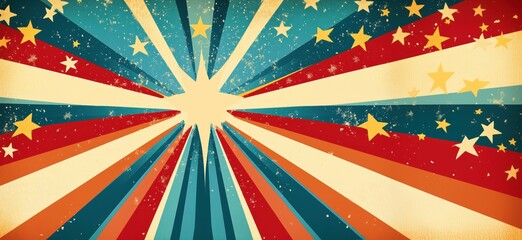 Vintage American patriotic background with rays and stars, ideal for celebrations and events, featuring red, blue, and cream colors, copy space for text