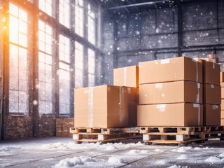 Cardboard Boxes on Pallets in Snowy Warehouse