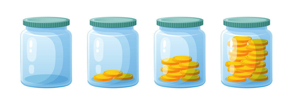 Illustration of empty jars and full of coins.