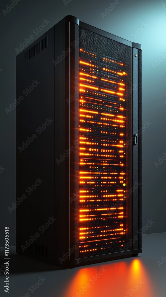 Poster a sleek server rack with illuminated data lights, showcasing advanced computing technology in a diml