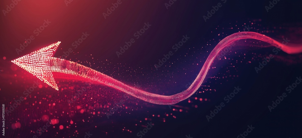 Poster dynamic arrow design with flowing particles and vibrant colors representing movement and direction, 