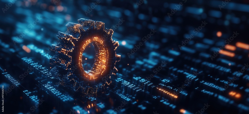 Poster digital gear symbolizing technology and innovation, glowing in a futuristic circuit environment with
