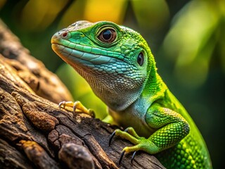Fototapeta premium Reptilian Gaze: Lizard Stalking Prey on Tree Trunk - Stock Photo