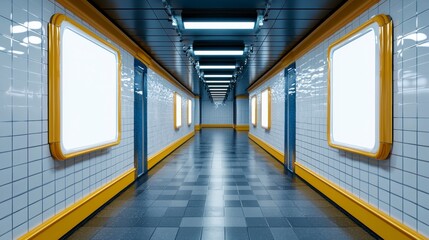 Fototapeta premium Modern Urban Subway Hallway with Bright Illuminated Advertising Spaces