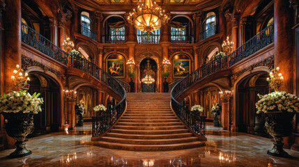 Fototapeta premium Grand staircase in mansion foyer, ornate decor, paintings, chandeliers