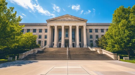 Obraz premium Neoclassical government building with grand staircase, lush green trees, and sunny sky.