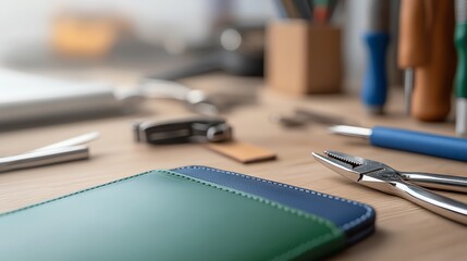 Fototapeta premium Close Up of a Modern Mobile Device Resting on a Wooden Table Alongside a Pair of Scissors Reflecting a Creative Workspace Atmosphere