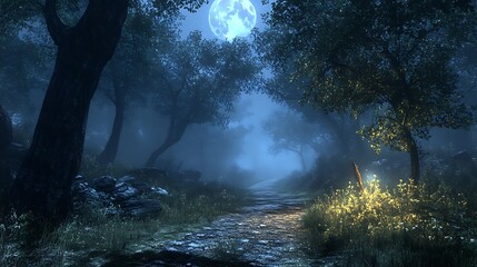"Moonlight Filtering Through Trees in a Foggy Forest with a Mysterious Winding Path Creating a Magical Atmosphere"