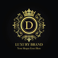 Elegant Luxury Brand D Logo Design with Golden Royal Monogram and Ornamental Crown Elements  
