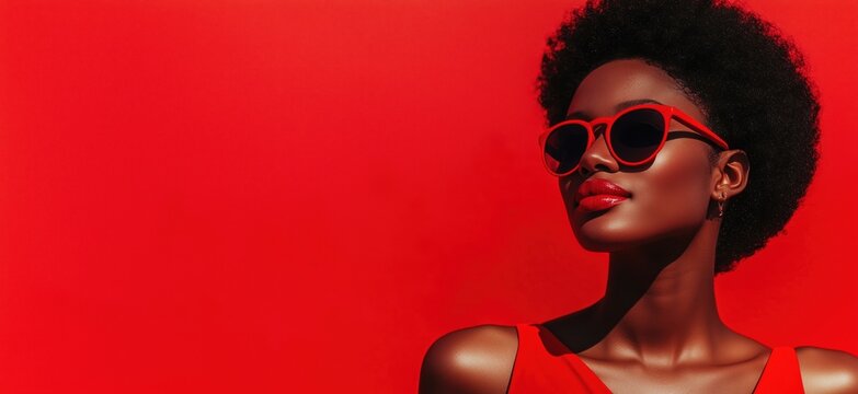 Bold Red Fashion Statement with Confident Woman in Sunglasses and Vibrant Lipstick Against Red Background, copy space for text