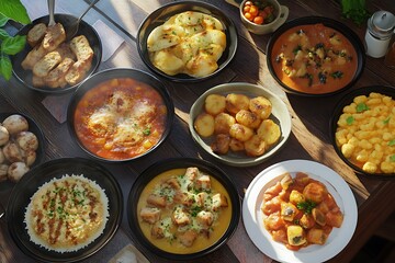 A vibrant display of various delicious dishes arranged on a wooden table.