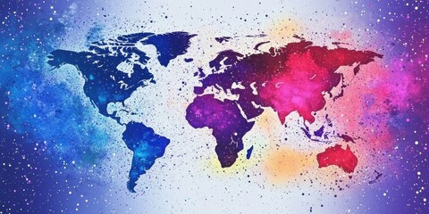 Fototapeta premium World map, colorful paint splatters, abstract art, vibrant watercolor, global continents, artistic cartography, splatter effect, blue and purple hues, dynamic composition, creative geography, fluid te