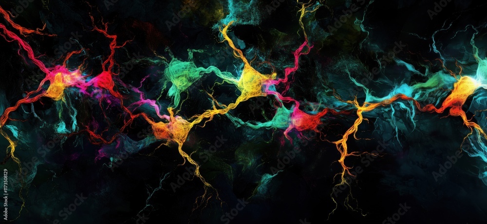 Poster colorful abstract neural network representation with vibrant colors and dynamic patterns, showcasing