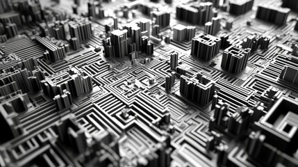 A computer generated image of a city with many buildings and a lot of wires. The buildings are all different shapes and sizes
