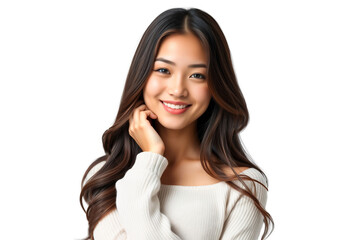 Fototapeta premium Young beautiful Asian woman smiling with long brunette hair, isolated on white background