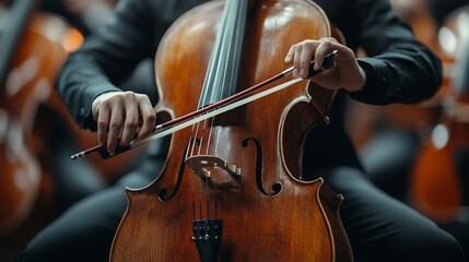 Fototapeta premium Close-up of cellist's hands playing cello during orchestra performance.