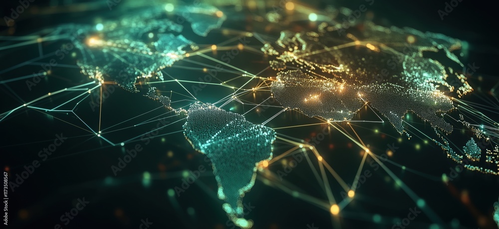 Poster global network visualization with dots and lines representing connections across continents and coun