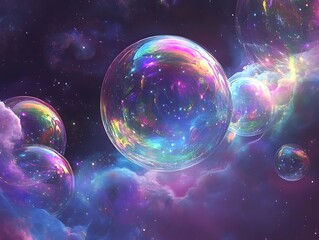 Fototapeta premium Abstract Floating Bubbles with Vibrant Reflections and Colorful Bokeh Lights on a Dark Background for Artistic and Dreamlike Designs