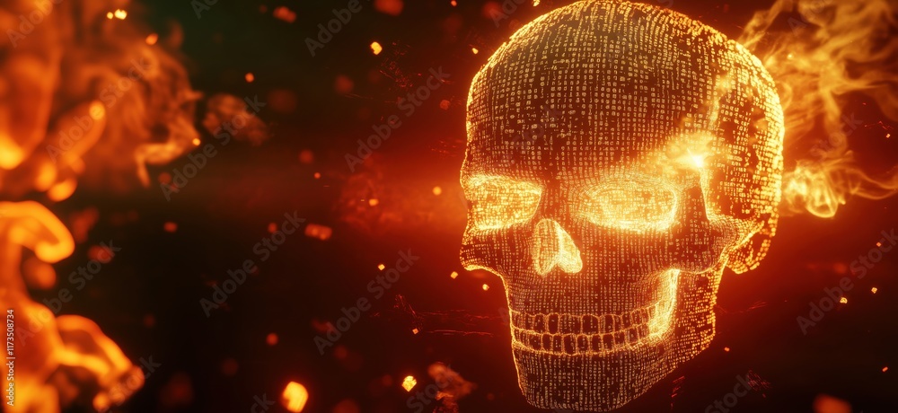 Poster digital skull composed of glowing binary code, surrounded by fiery elements and abstract particles, 