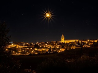Obraz premium nighttime cityscape with single bright star and church spire, jerusalem jesus christ star