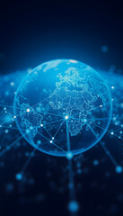 Fototapeta premium Abstract science, global network connection on night earth background . soft focus picture . Blue tone concept . Borderless communication concept, vector style, with white tones