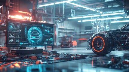 Fototapeta premium Futuristic Car Diagnostic in a High-Tech Garage