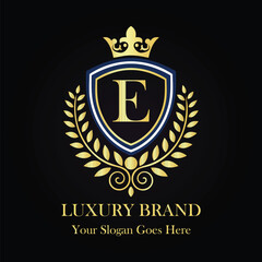 Prestigious Luxury Brand E Logo with Golden Shield Crown Laurel Wreath and Sophisticated Monogram  
