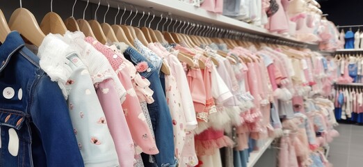 Colorful children's clothing display showcasing a variety of dresses, tops, and jackets in pastel shades and playful designs, copy space for text