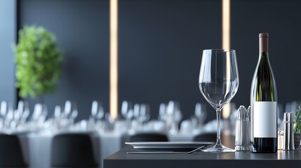 Elegant Dining Table Set with Wine Bottle and Glasses Surrounded by Soft Ambient Lighting Creating a Warm and Inviting Formal Dinner Atmosphere