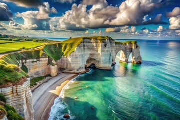Obraz premium Etretat's iconic white chalk cliffs rise majestically from the Normandy coast, a breathtaking sight.