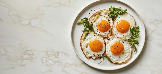 Fried eggs with vibrant yolks served on a plate with fresh arugula, garnished with black pepper, showcasing a simple yet elegant breakfast dish, copy space for text