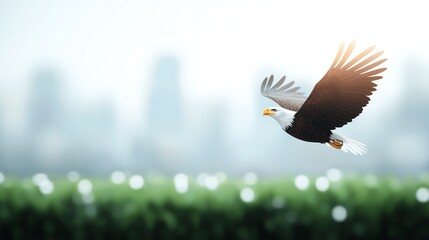 Fototapeta premium Majestic Eagle Soaring Gracefully Above Urban Landscape Showcasing Contrast Between Nature and City Life Captivating View of Freedom and Power