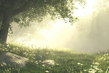 Naklejka premium Sunlight streams through trees in a tranquil meadow, illuminating wildflowers and lush grass.