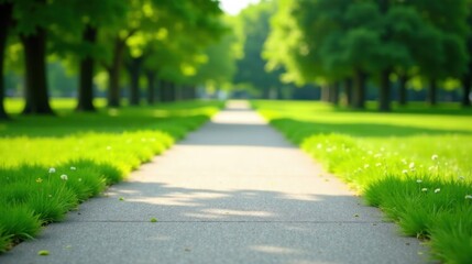 Obraz premium Serene Pathway Through a Lush Green Park, Bathed in Sunlight