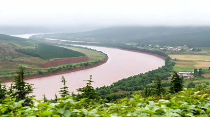 Red river meandering through valley, misty mountains, rural villages, scenic landscape, travel photography.