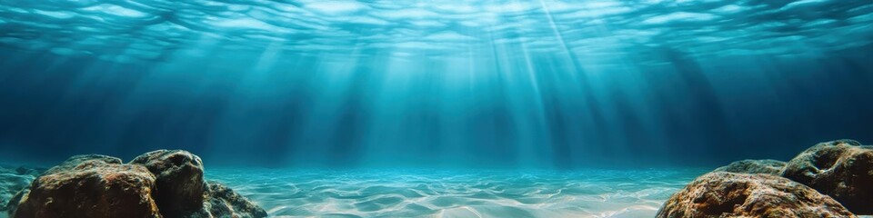 Obraz premium Underwater seascape, crystal clear turquoise water, sandy ocean floor, sunlight streaming through water surface, rocky formations, shallow tropical sea, serene underwater environment, high resolution,