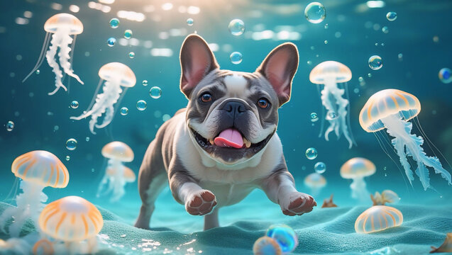 A French Bulldog Puppy Joyfully Explores a Vibrant Underwater World Filled with Colorful Jellyfish, Capturing a Moment of Pure Canine Wonder and Adventure