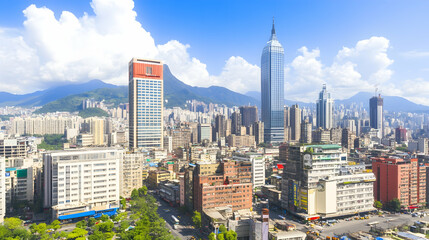 Fototapeta na wymiar Cityscape panorama high-rise buildings, mountains, clear sky, bustling streets. Ideal for travel brochures, urban development presentations.
