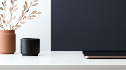 Minimalist Workspace Featuring a Stylish Vase with Lush Green Plant on a Sleek Table Surrounded by Clean Lines and Contemporary Aesthetic Elements