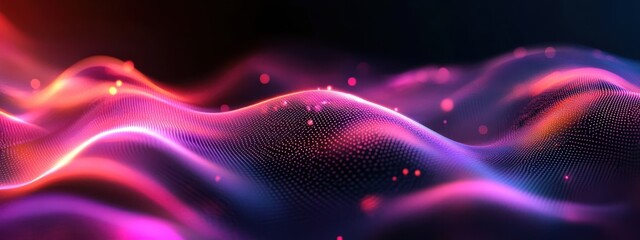 Obraz premium Abstract cosmic waves, vibrant purple and pink hues, glowing particles, starry background, flowing energy, ethereal atmosphere, celestial light streams, galactic nebula, shimmering dust, space fantasy