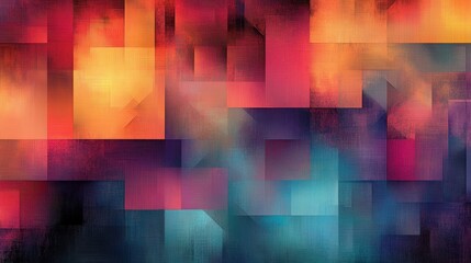 Abstract geometric composition, vibrant color blocks, warm and cool tones, gradient effects, overlapping squares, retro futuristic aesthetic, digital art, minimalist design, bold contrasts, saturated 