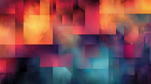 Abstract geometric composition, vibrant color blocks, warm and cool tones, gradient effects, overlapping squares, retro futuristic aesthetic, digital art, minimalist design, bold contrasts, saturated 