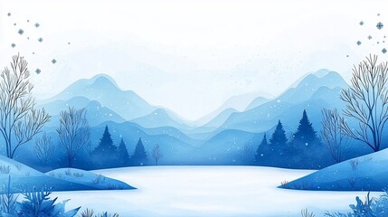 Obraz premium Serene winter landscape with snow-covered mountains, frozen lake, and bare trees.